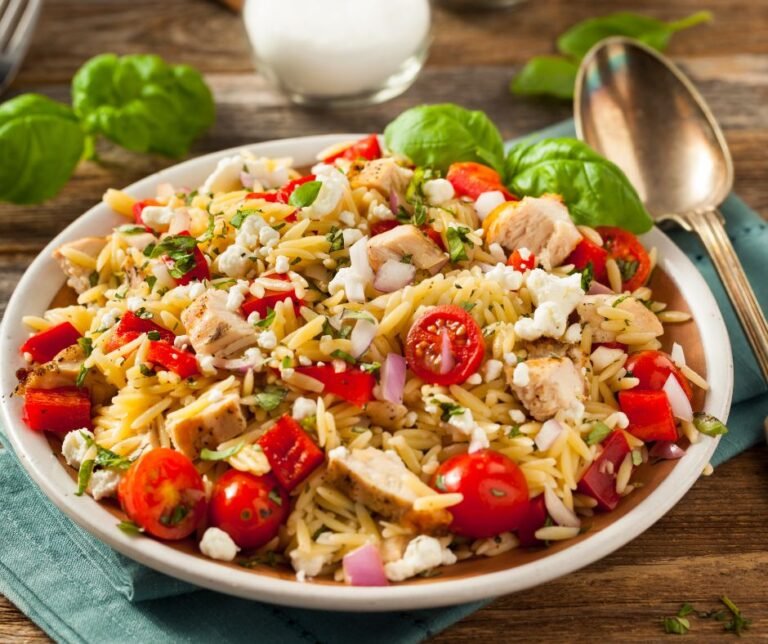 Homemade Chicken Orzo Salad with Red Bell Peppers and Feta