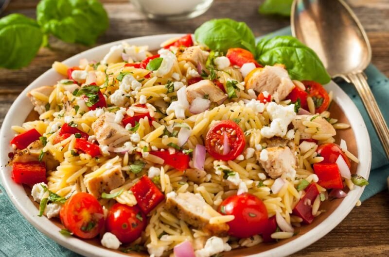 Homemade Chicken Orzo Salad with Red Bell Peppers and Feta