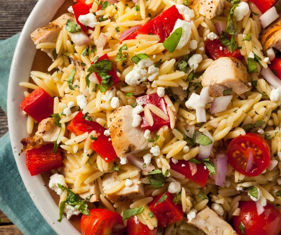 Homemade Chicken Orzo Salad with red bell peppers and feta