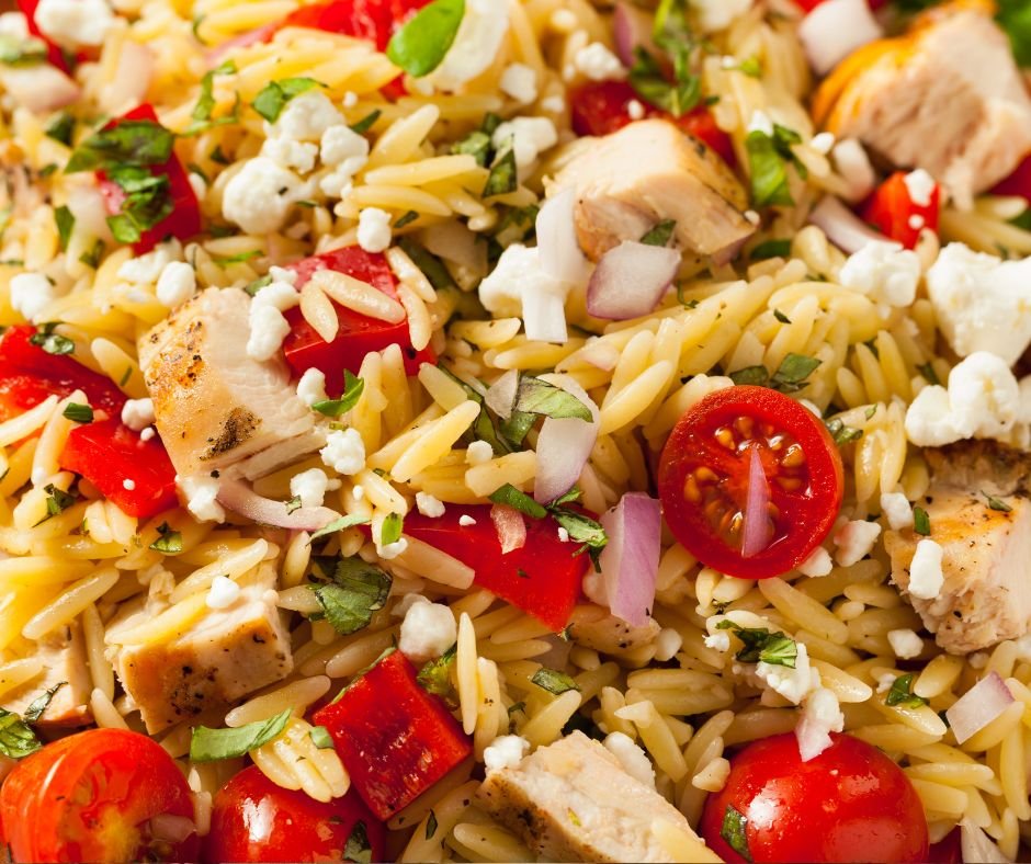 Homemade Chicken Orzo Salad with red bell peppers and feta