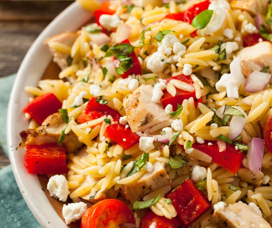 Homemade Chicken Orzo Salad with red bell peppers and feta