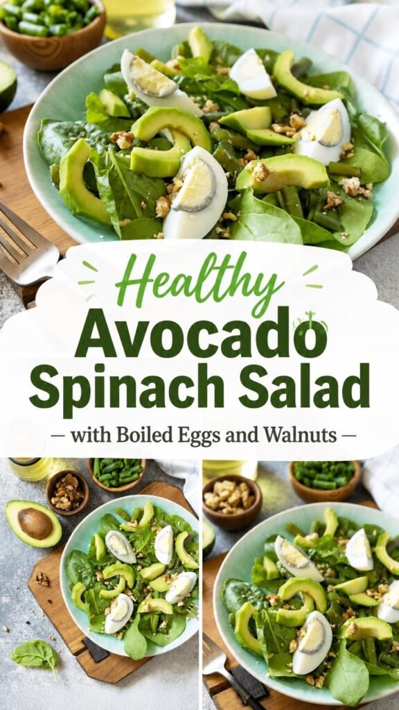 Healthy Avocado Spinach Salad with Boiled Eggs and Walnuts