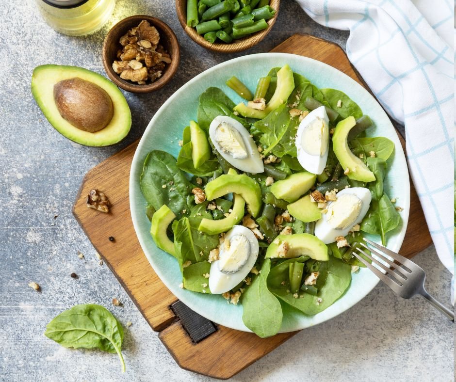 Organic Green Avocado and Spinach Salad with Boiled Eggs, Green Beans and Walnuts