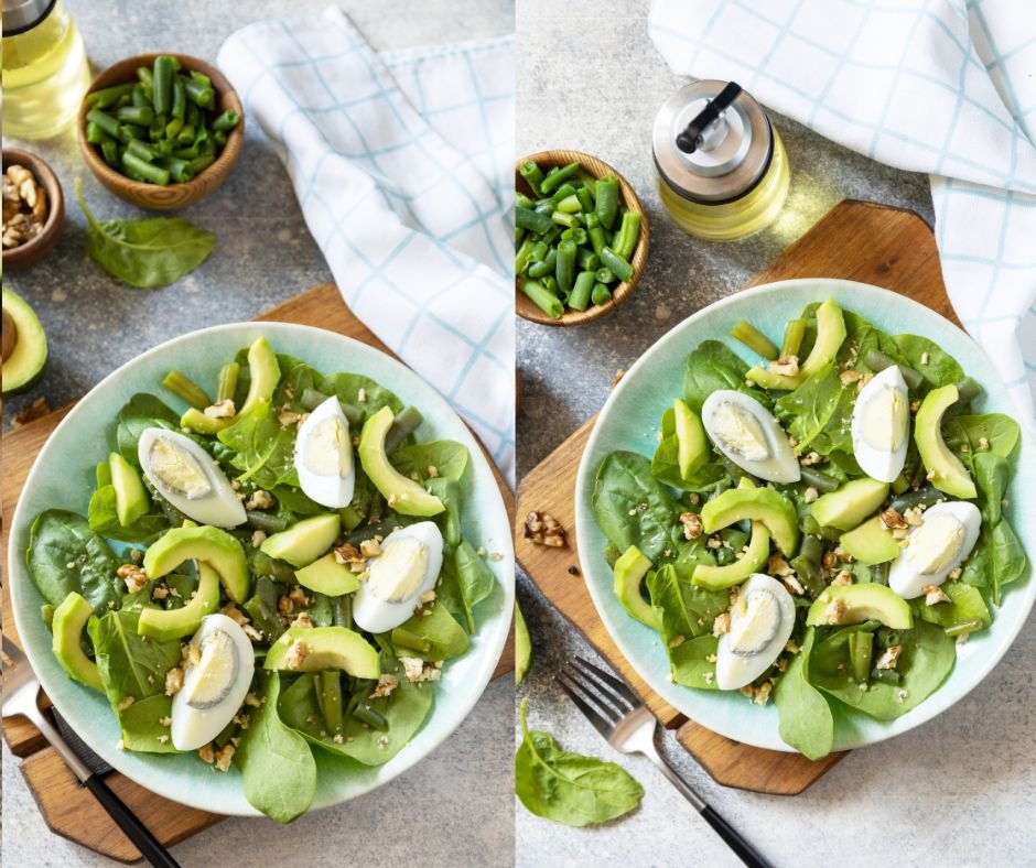 Organic Green Avocado and Spinach Salad with Boiled Eggs, Green Beans and Walnuts