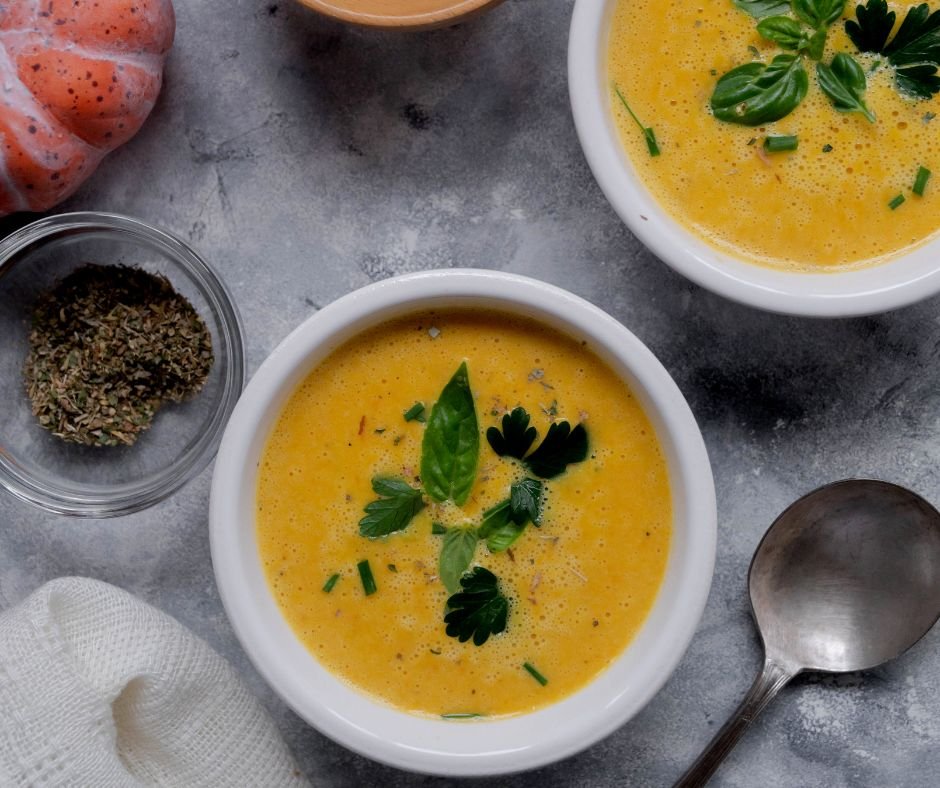 Pumpkin soup with coconut milk in a bowl