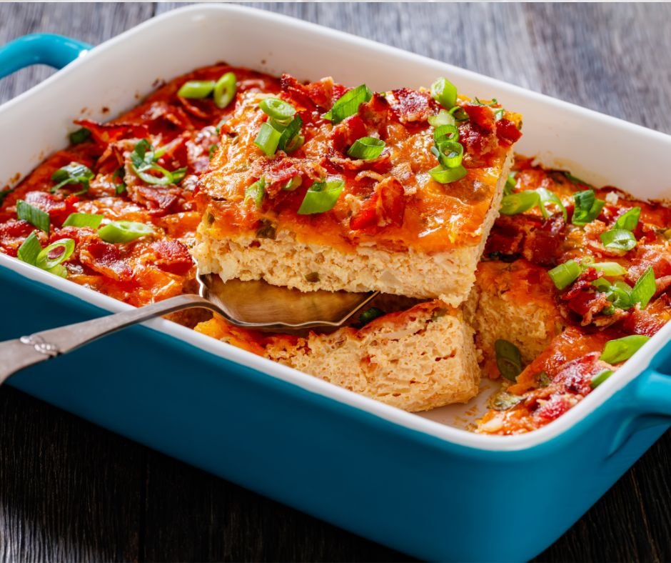 Riced Cauliflower Breakfast Bake with Melted Cheese, Crispy Bacon and Green Onion