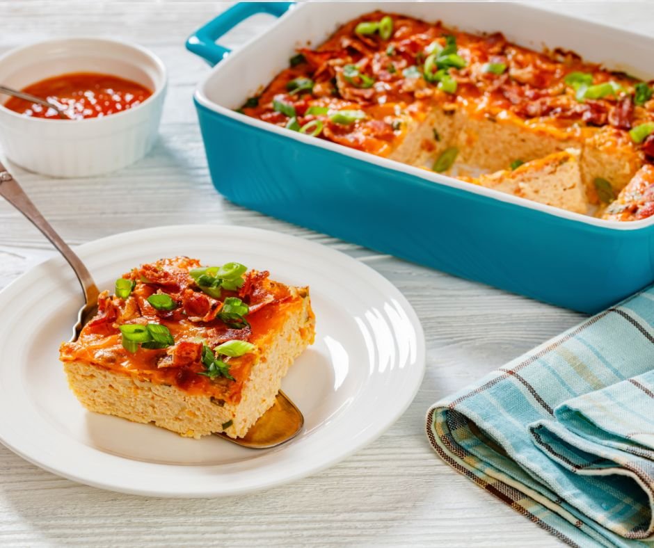 Riced Cauliflower Breakfast Bake with Melted Cheese, Crispy Bacon and Green Onion