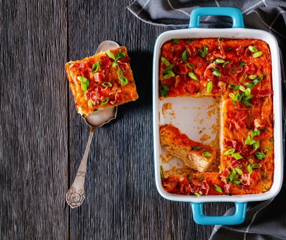 Riced Cauliflower Breakfast Bake with Melted Cheese, Crispy Bacon and Green Onion