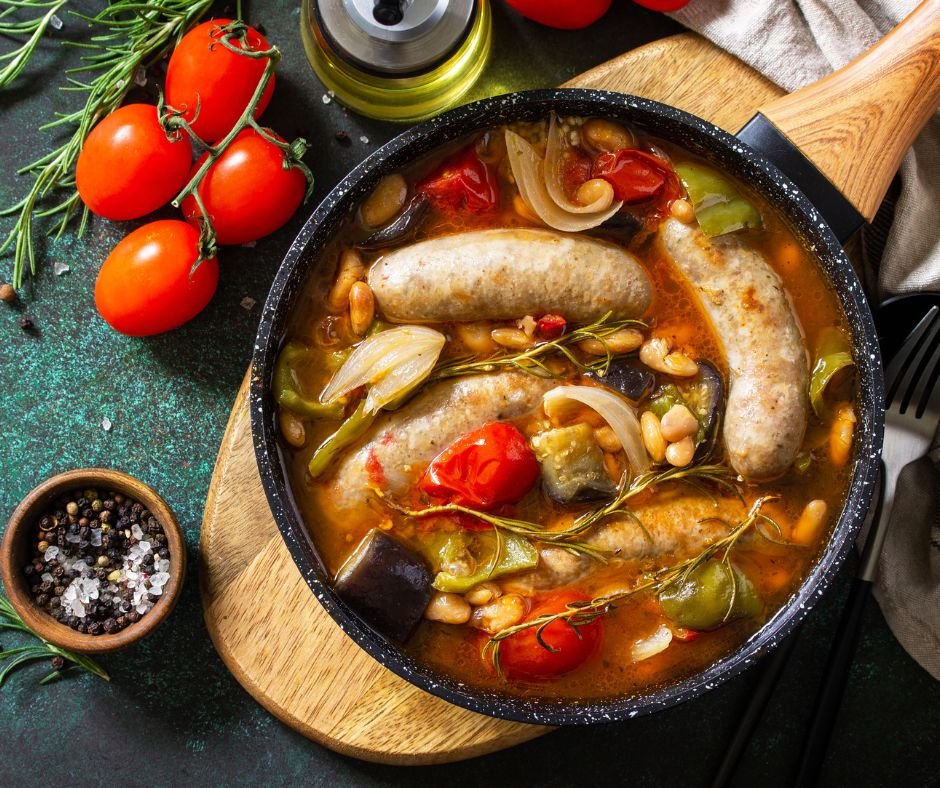 Stew of Beans, Vegetables and Smoked Sausages with Tomato Sauce
