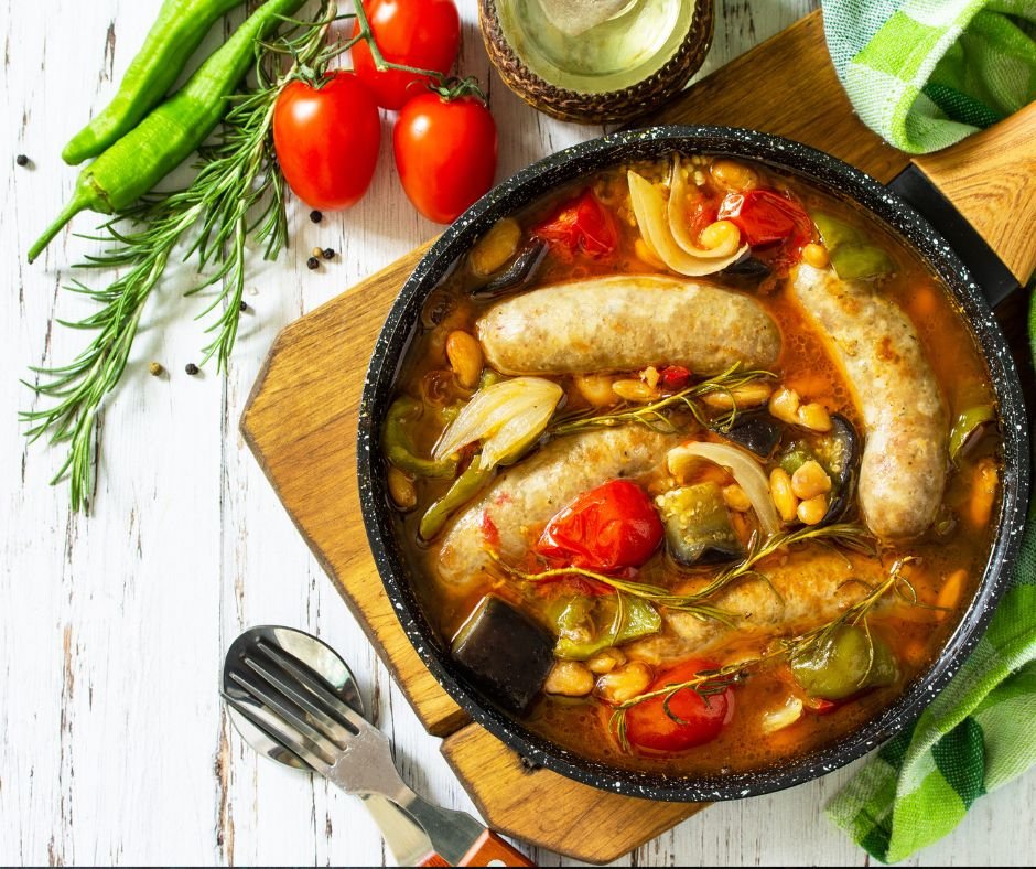 Stew of Beans, Vegetables and Smoked Sausages with Tomato Sauce