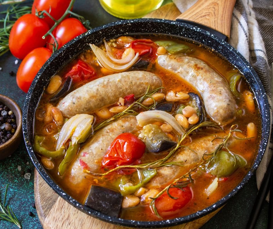 Stew of Beans, Vegetables and Smoked Sausages with Tomato Sauce