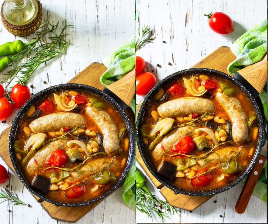 Stew of Beans, Vegetables and Smoked Sausages with Tomato Sauce