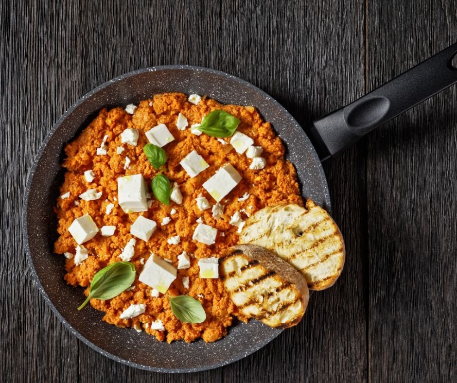 Strapatsada (Greek Eggs Scrambled with Tomatoes and Feta Cheese)