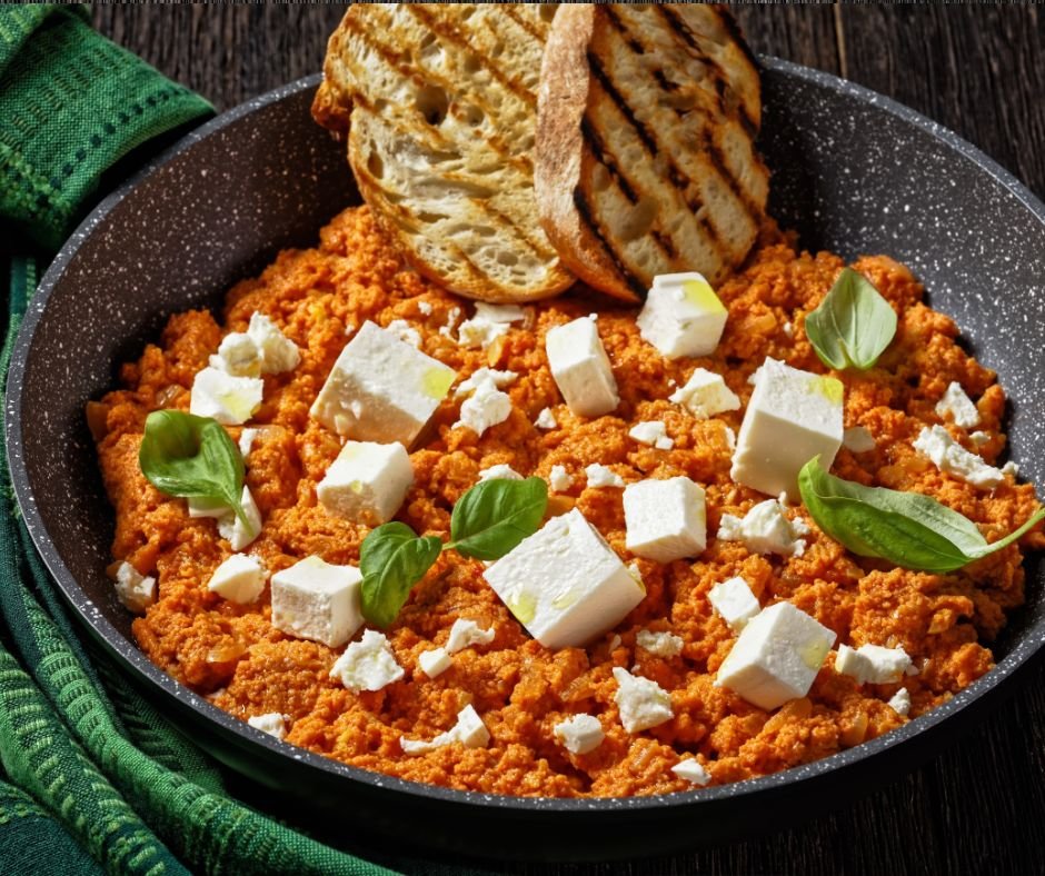 Strapatsada (Greek Eggs Scrambled with Tomatoes and Feta Cheese)