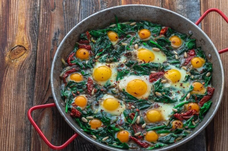 Turkish Fried Egg with Spinach and Pine Nuts