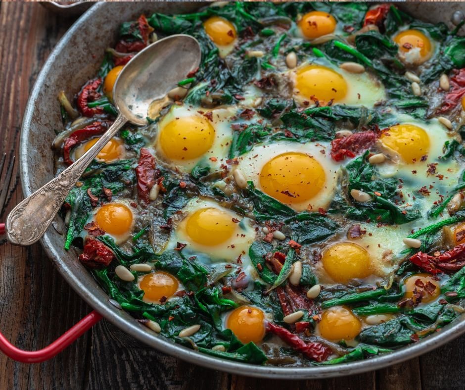Turkish Fried Egg with Spinach and Pine Nuts