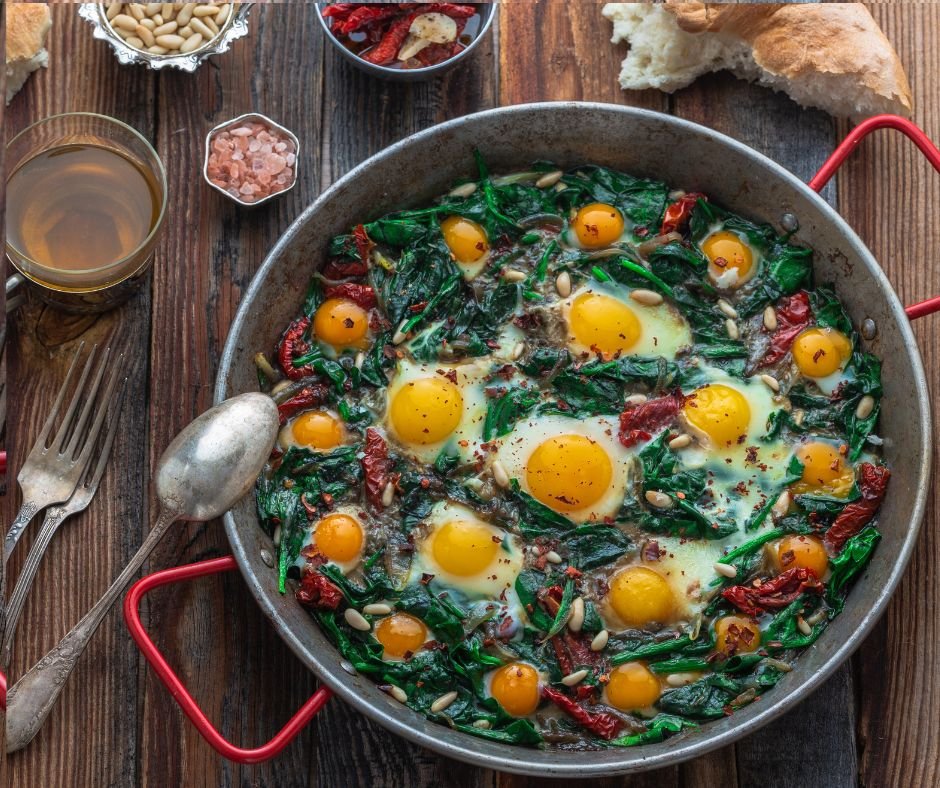 Turkish Fried Egg with Spinach and Pine Nuts