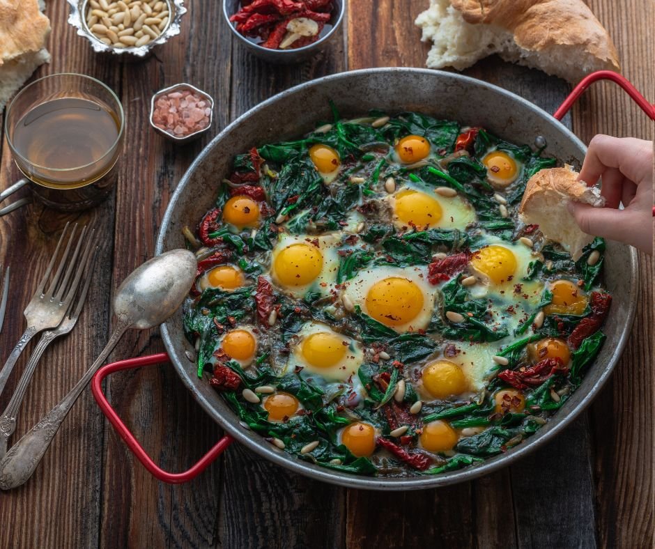Turkish Fried Egg with Spinach and Pine Nuts