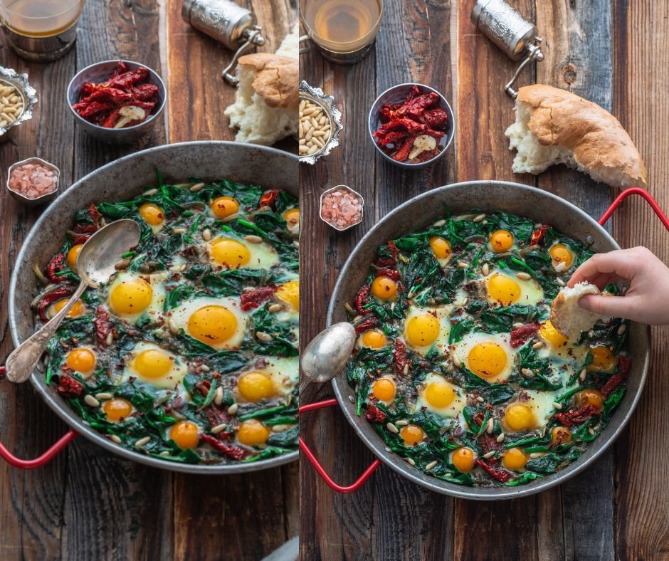 Turkish Fried Egg with Spinach and Pine Nuts