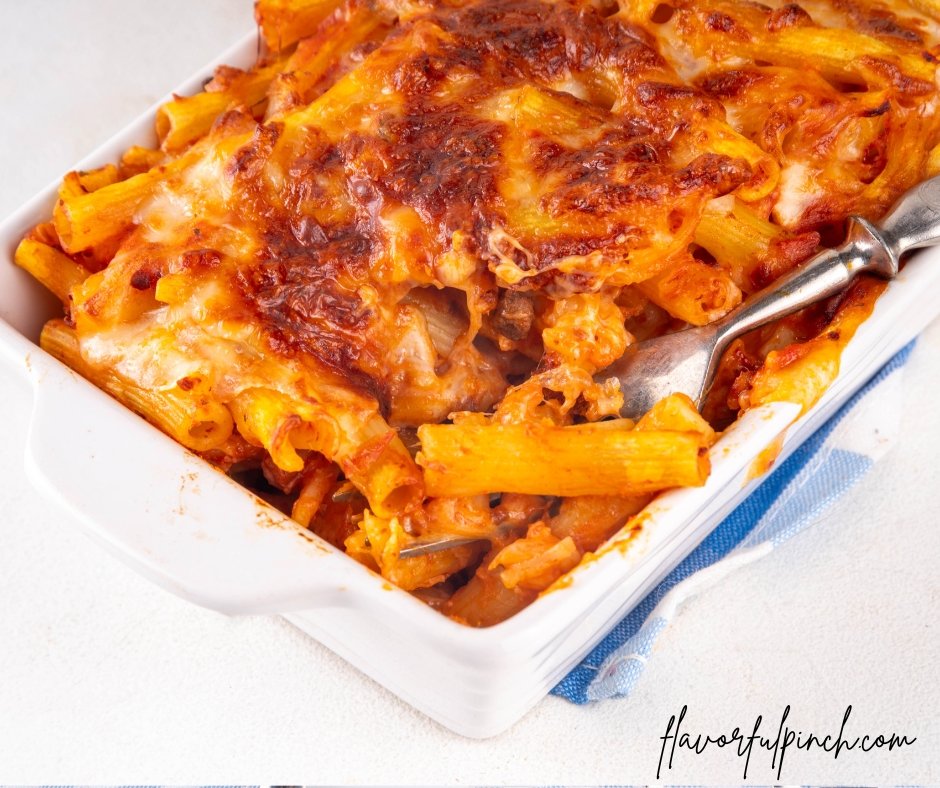 Baked Ziti Pasta with Bolognese Sauce and Cheese