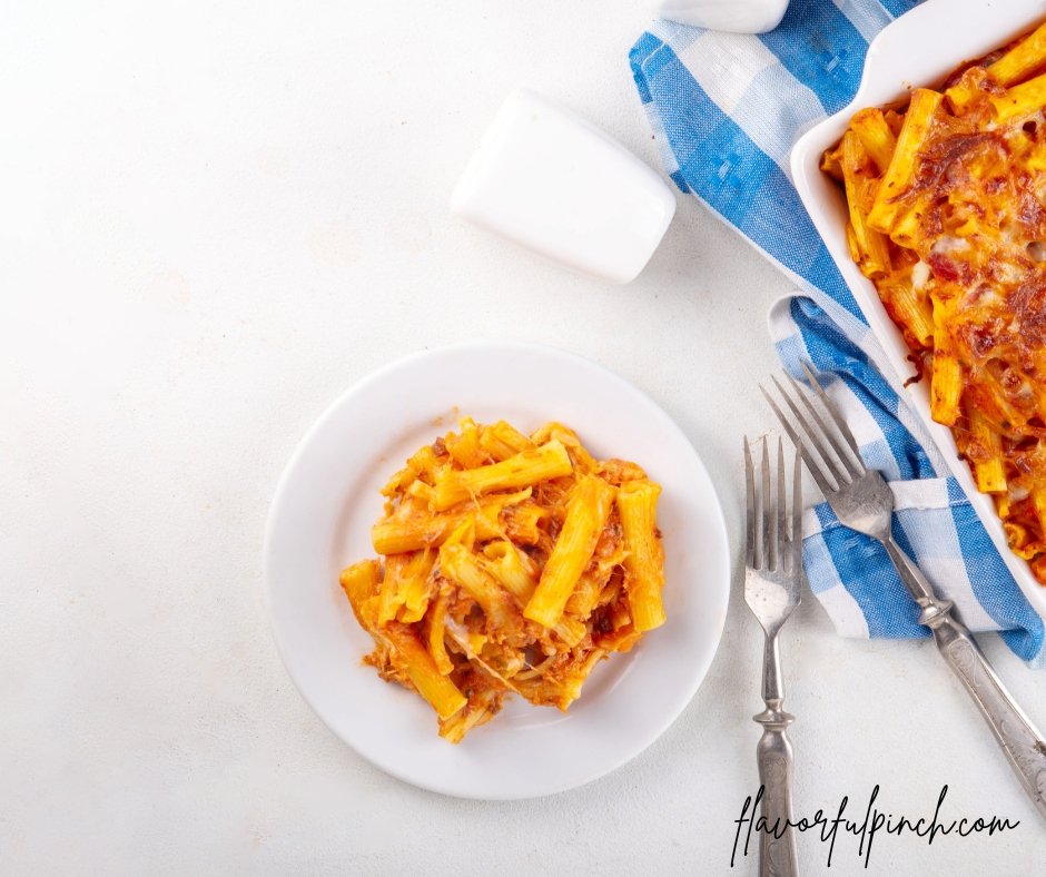Baked Ziti Pasta with Bolognese Sauce and Cheese