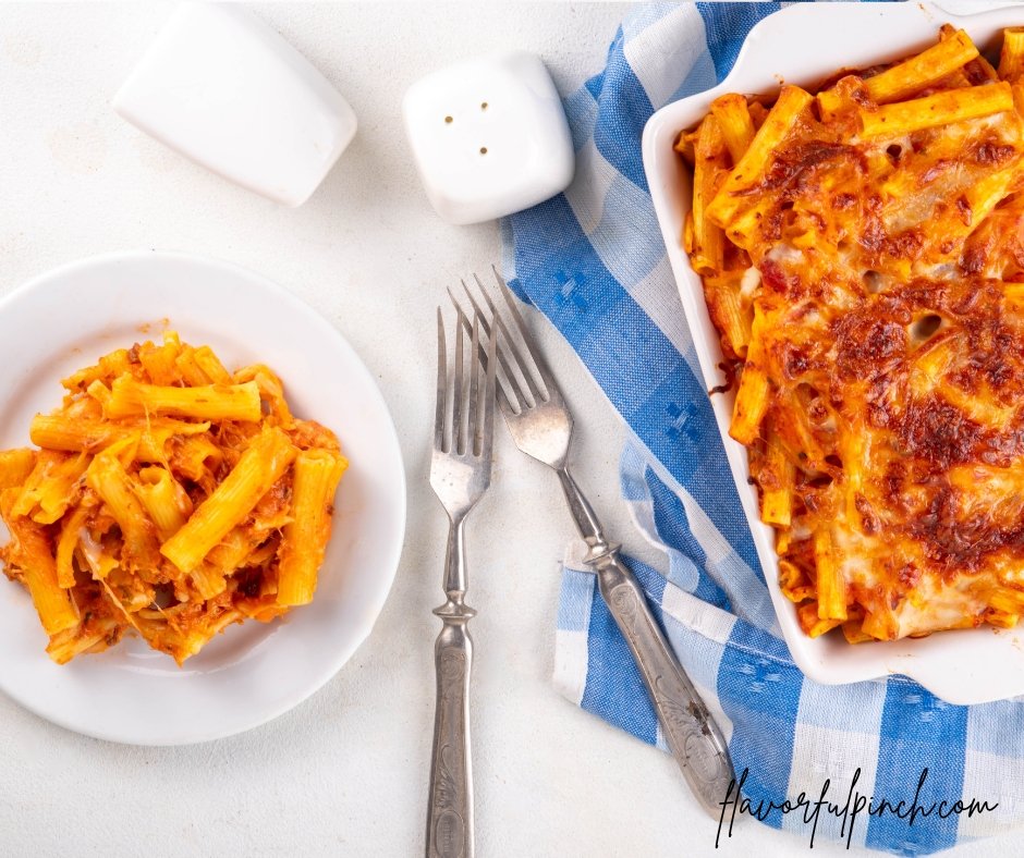 Baked Ziti Pasta with Bolognese Sauce and Cheese