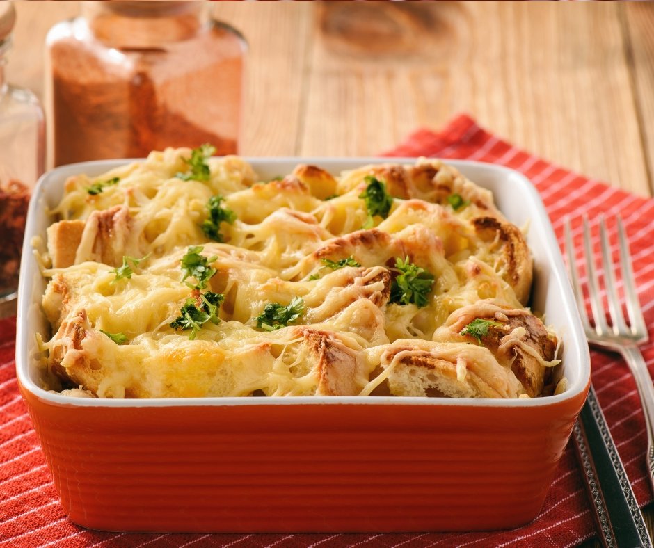 Bread Casserole with Chicken, Spinach, Eggs and Cheese Strata