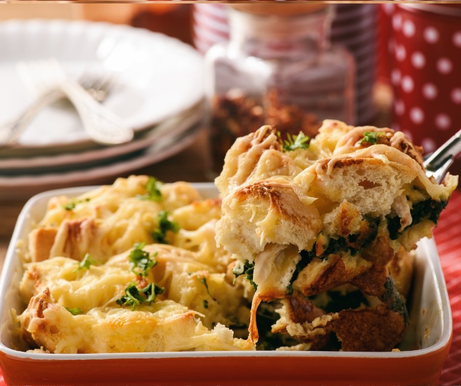 Bread Casserole with Chicken, Spinach, Eggs and Cheese Strata