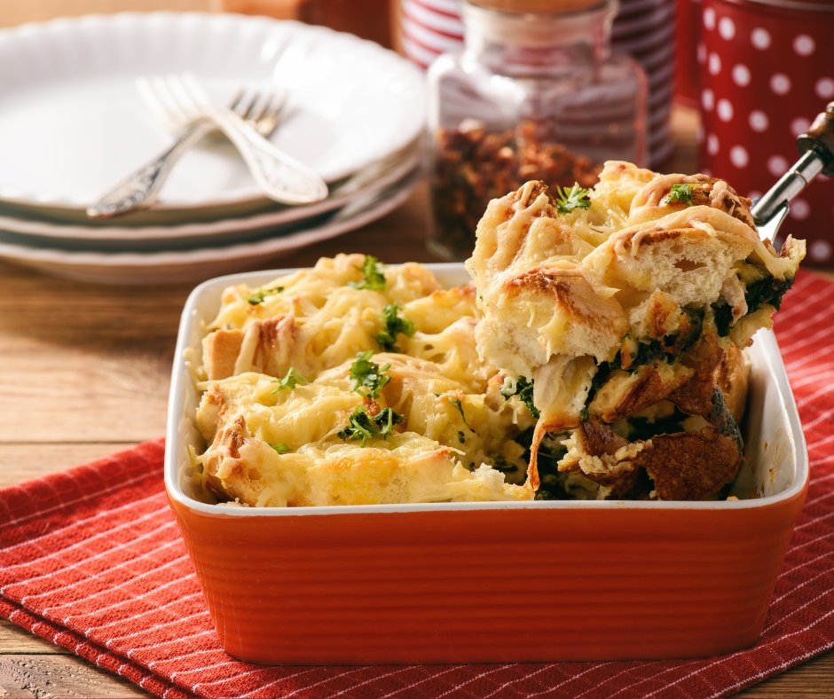 Bread Casserole with Chicken, Spinach, Eggs and Cheese Strata
