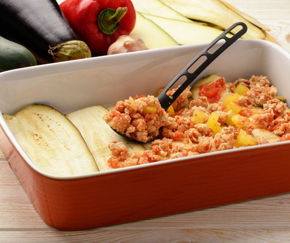 Casserole with Ground Chicken, Eggplant, Zucchini and Tomatoes