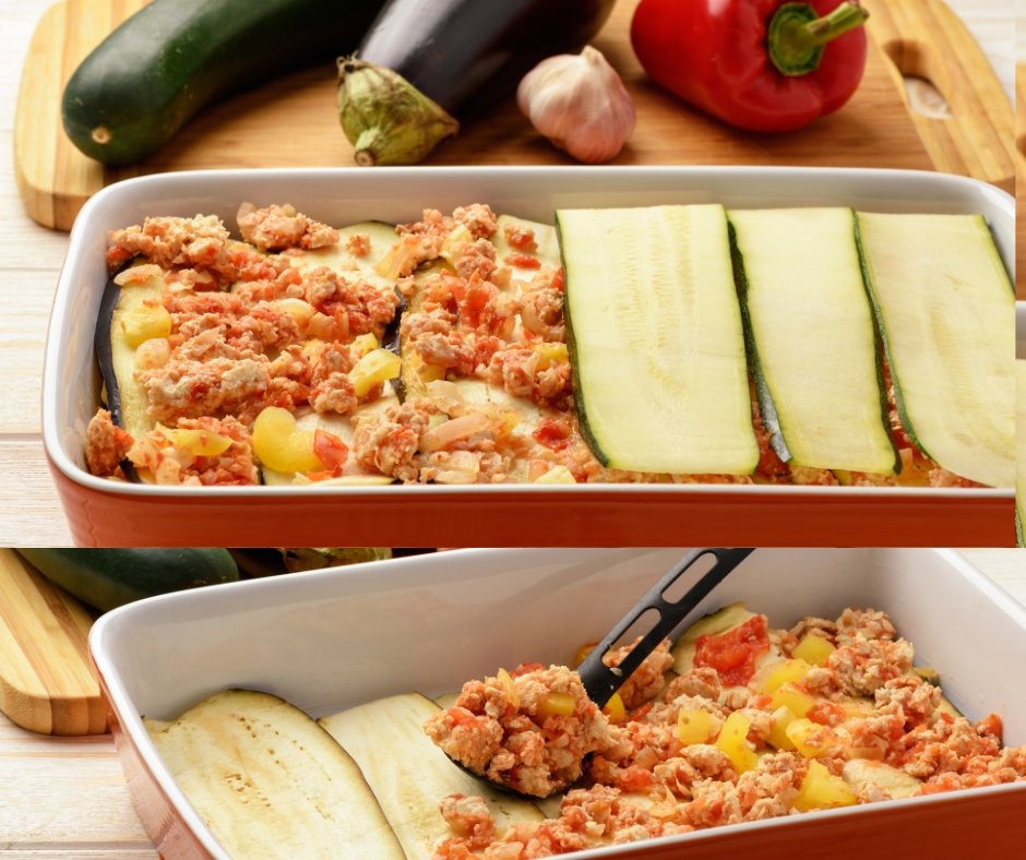 Casserole with Ground Chicken, Eggplant, Zucchini and Tomatoes