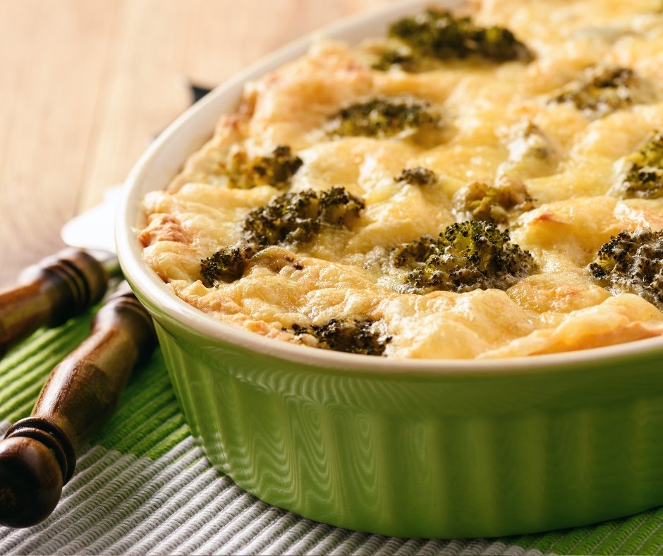 Casserole with Potatoes, Minced Meat, Broccoli and Cheese