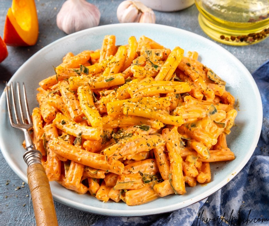 Creamy Pumpkin Casarecce Pasta with Pumpkin Squash, Cheesy Sauce, Garlic and Herbs