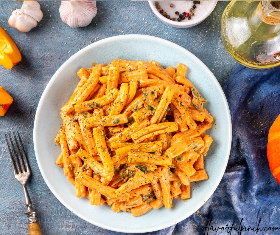 Creamy Pumpkin Casarecce Pasta with Pumpkin Squash, Cheesy Sauce, Garlic and Herbs