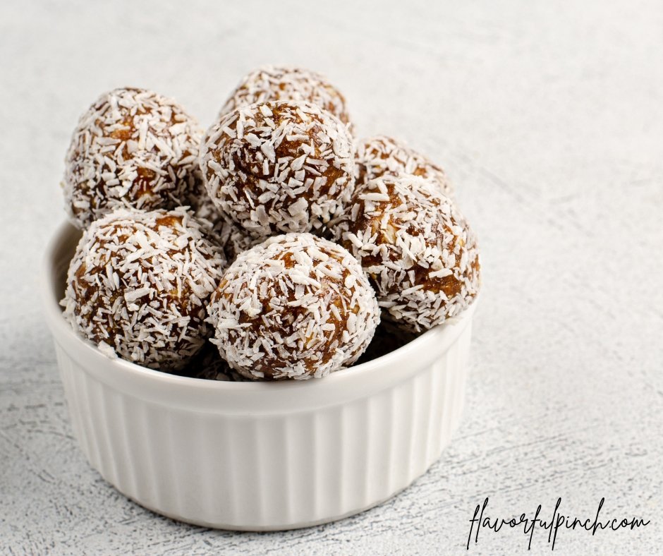 Energy Balls of Dates, Nuts, Oats Rolled with Coconut Flakes