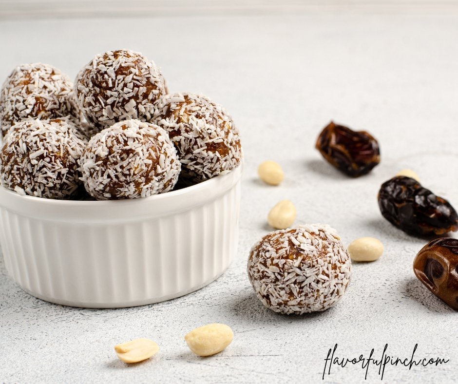 Energy Balls of Dates, Nuts, Oats Rolled with Coconut Flakes