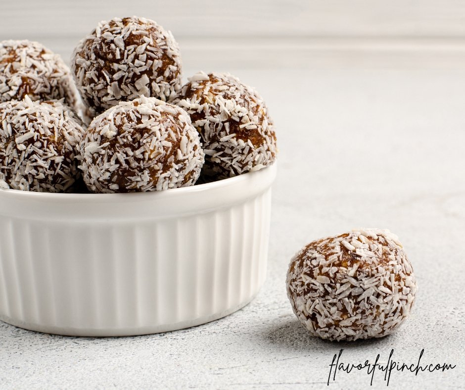 Energy Balls of Dates, Nuts, Oats Rolled with Coconut Flakes