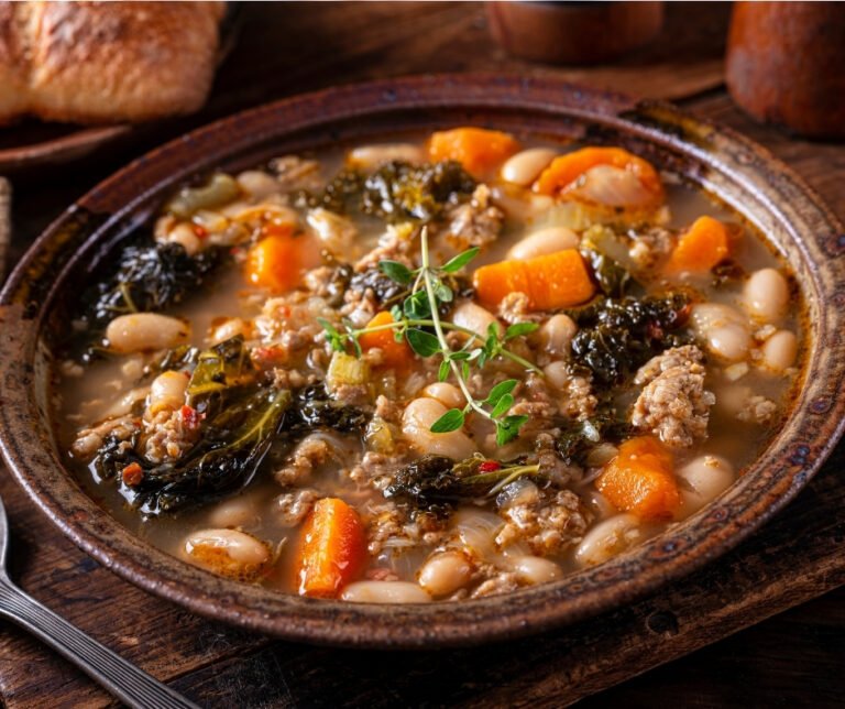 White Bean Cannellini Soup With Ground Beef, And Kale