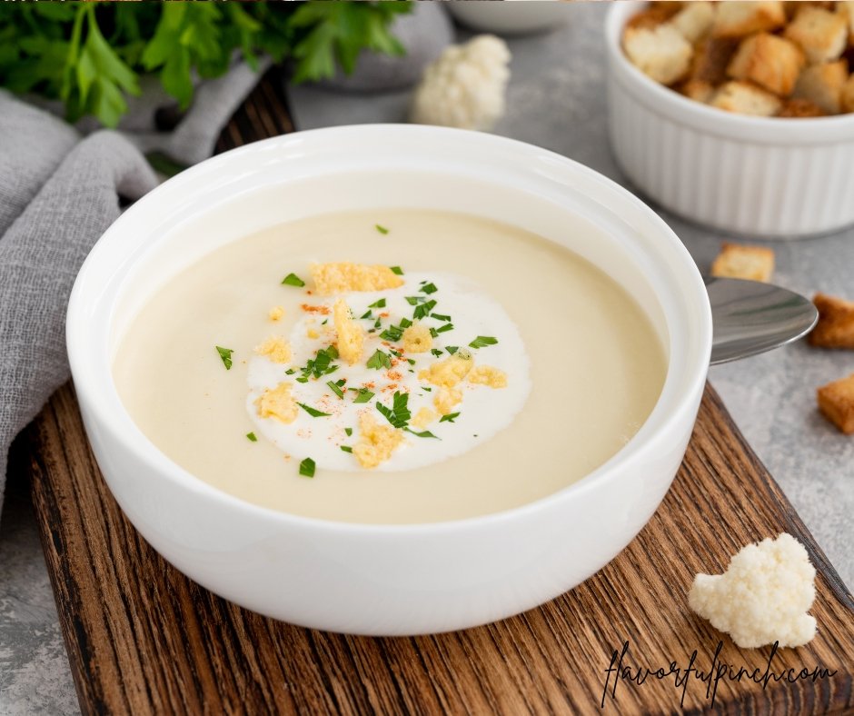 Homemade Cauliflower Soup with Cheese, Cream, Spices and Fresh Parsley