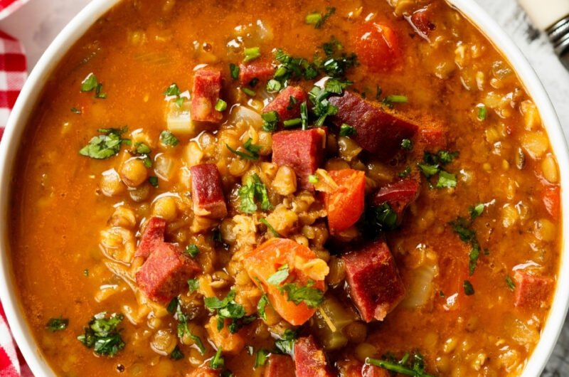 Homemade Lentil Stew with Vegetables and Chorizo