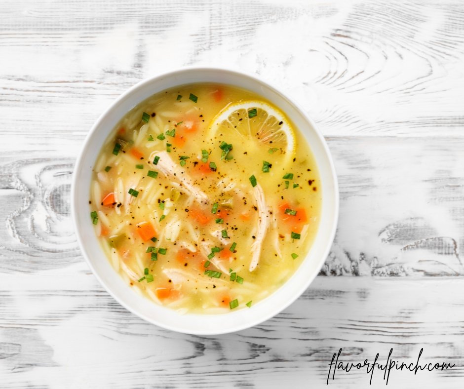 Lemon chicken vegetable orzo soup in a bowl