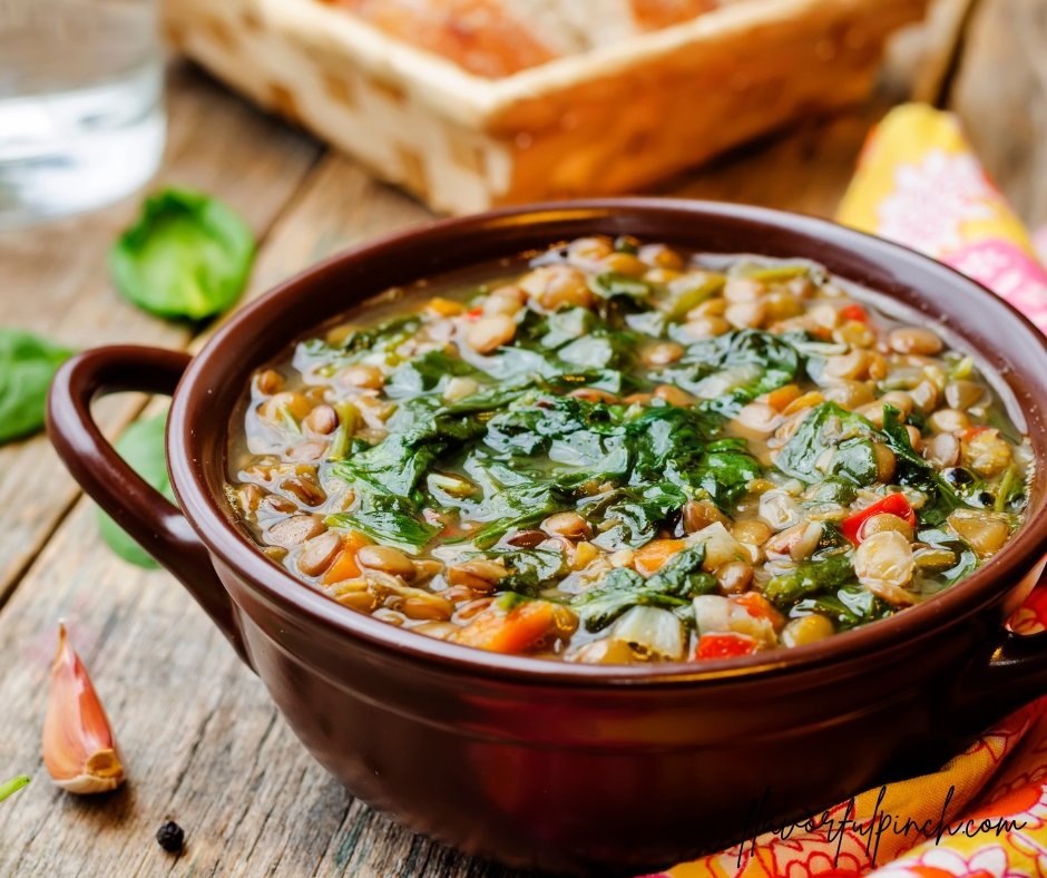 Lentil spinach soup in a bowl