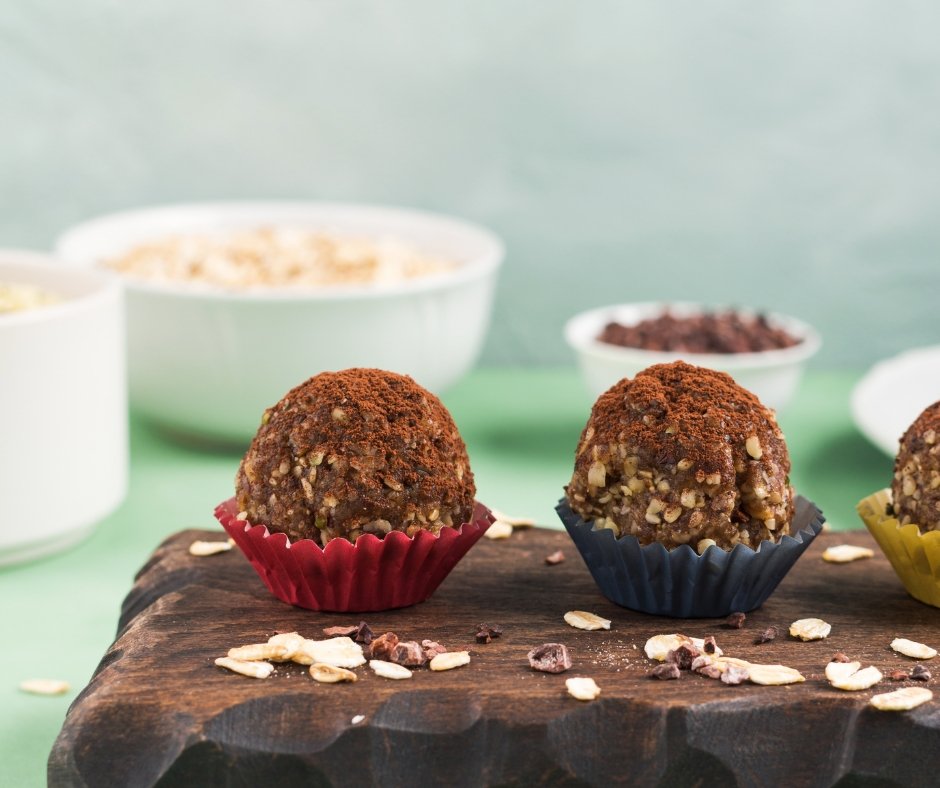 Protein Energy Balls with Cocoa, Nut Butter, Dried Fruit and Seeds