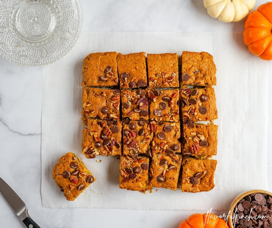 Pumpkin Blondies with Chocolate Chip and Pecans
