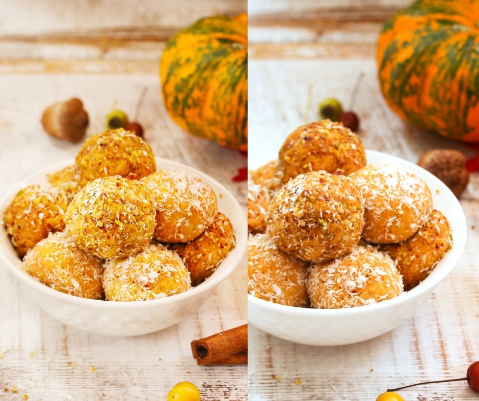 Pumpkin Pie Protein Balls (Energy Bites Rolled in Coconut and Nuts)