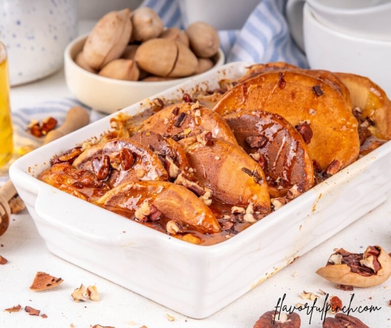 Tasty Autumn Cinnamon Pecan Pancake Breakfast Casserole with Honey