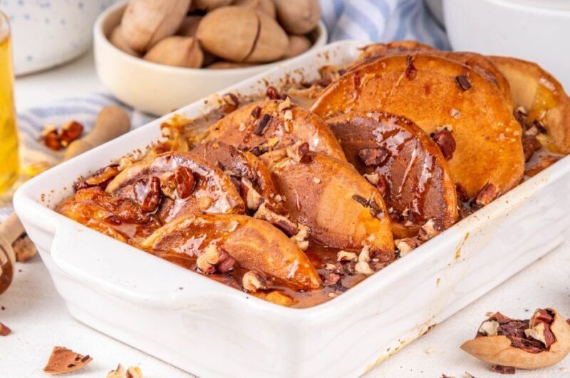 Tasty Autumn Cinnamon Pecan Pancake Breakfast Casserole with Honey