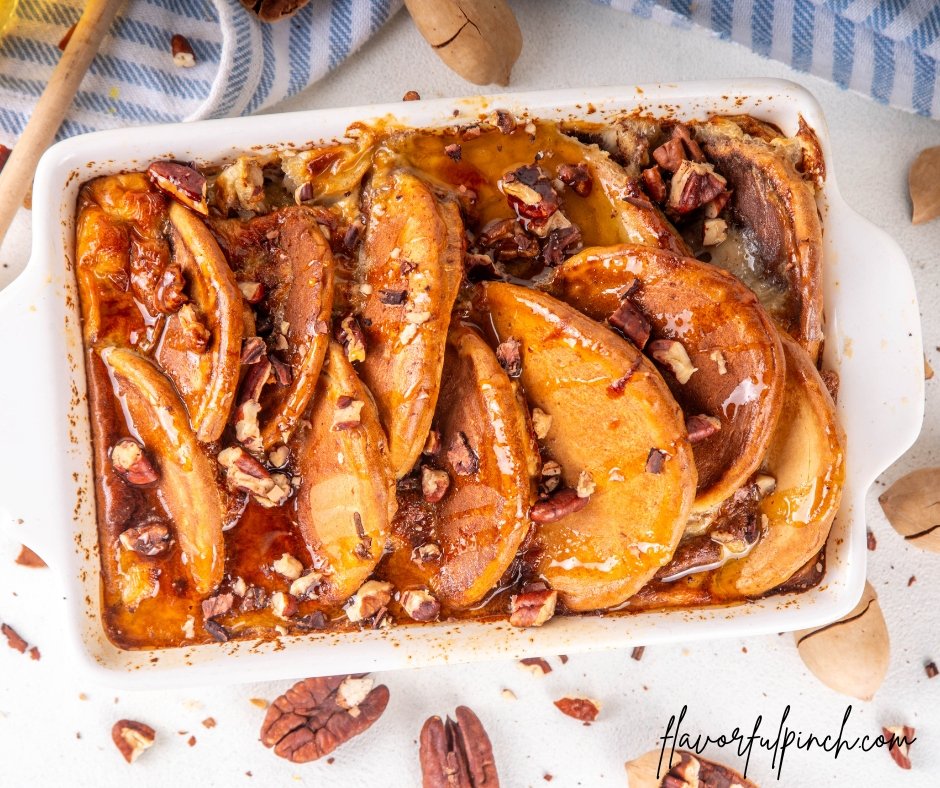 Tasty Autumn Cinnamon Pecan Pancake Breakfast Casserole with Honey