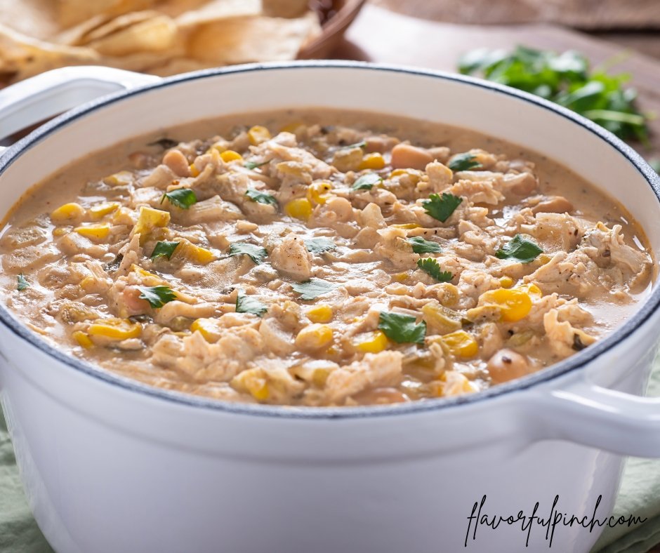 White chicken chili with white beans and corn in a bowl