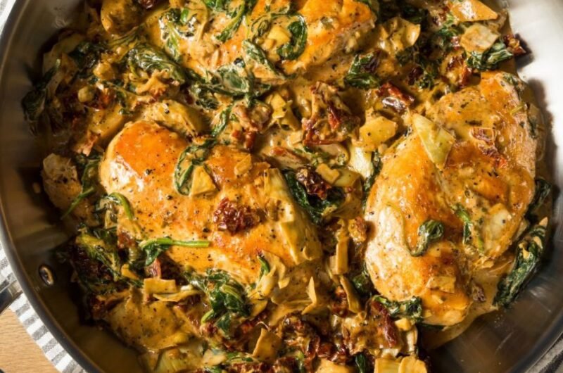 Homemade Creamy Italian Tuscan Chicken with Pasta and Spinach